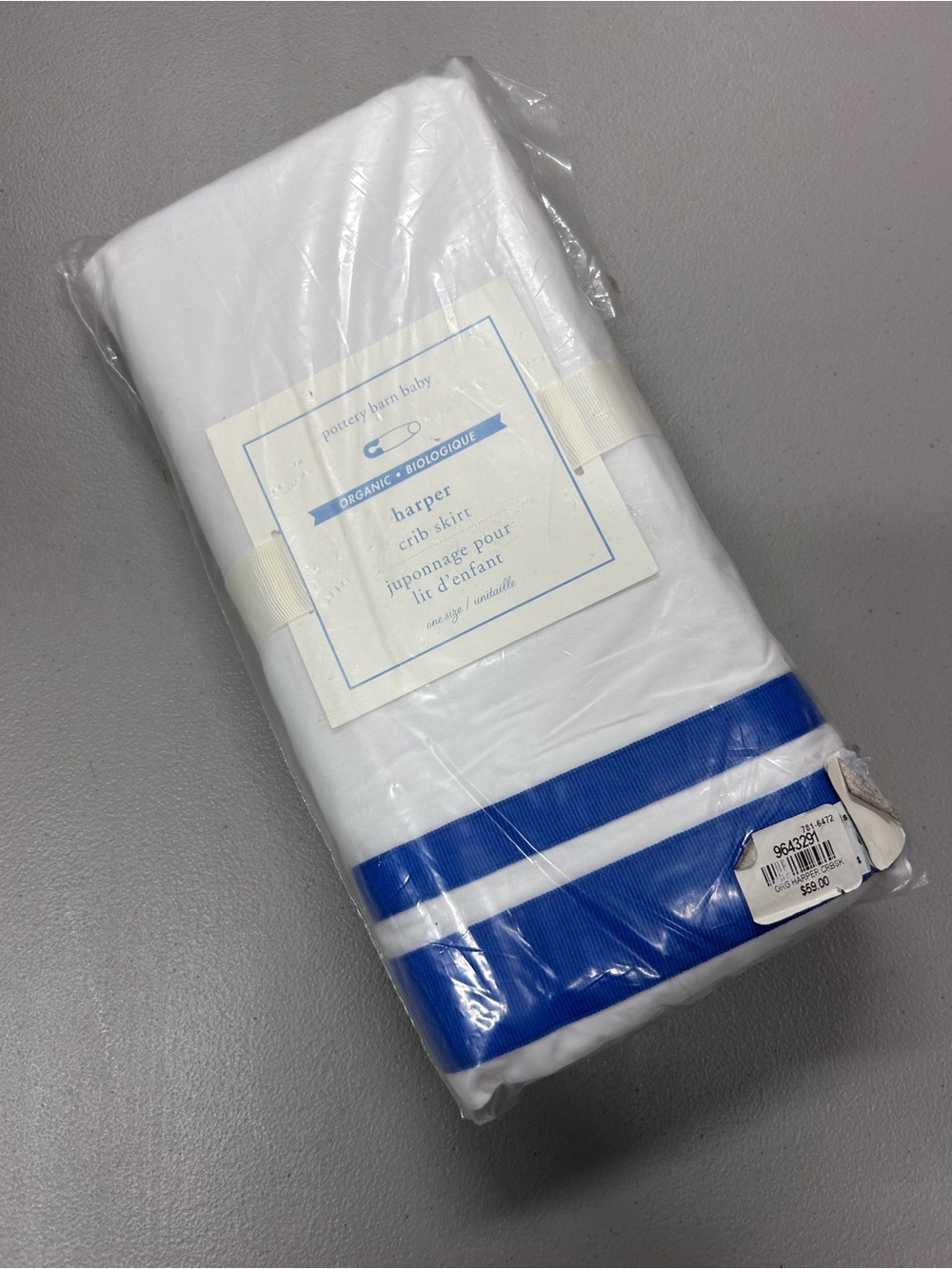 Pottery Barn Harper Baby Crib Skirt White w/ Blue Trim 100% Organic Cotton NWT